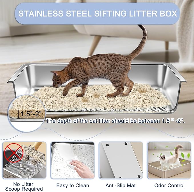 Teheao 2 Pack Stainless Steel Sifting Cat Litter Box for Clumping Litter, Kitty Large Metal Sifter Tray Pan with Cat Litter Bag, Low Dust, Odor Control, Easy Cleaning (17.7"*13.8"*5.9")
