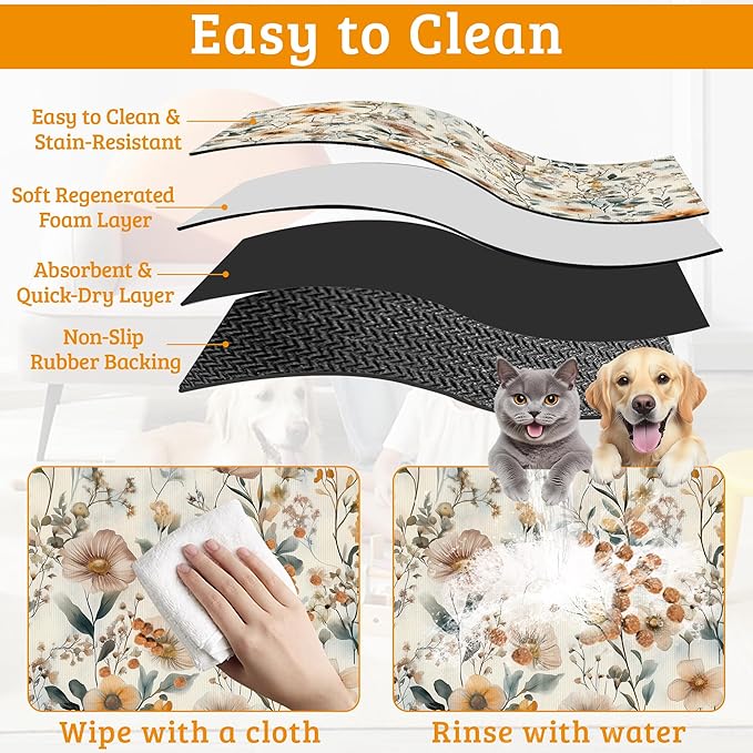Vintage Flowers Dog Cat Food Mat,Herbs Absorbent Waterproof Placemat for Food and Water Non Slip Rubber Backing Durable Feeding Pad for Clean Floors 16" x 24"