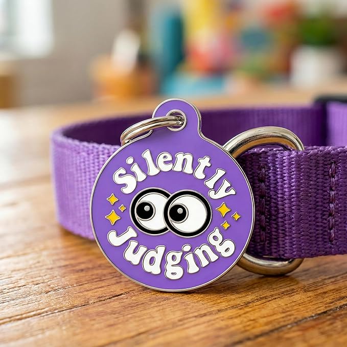 Bad Tags Personalized Dog and Cat ID Tags in 25+ Designs and 2 Sizes - 5 Lines of Custom Engraved Text - Funny Cute Personalized Pet Tags (Silently Judging - Purple, Large (1.25 inch))