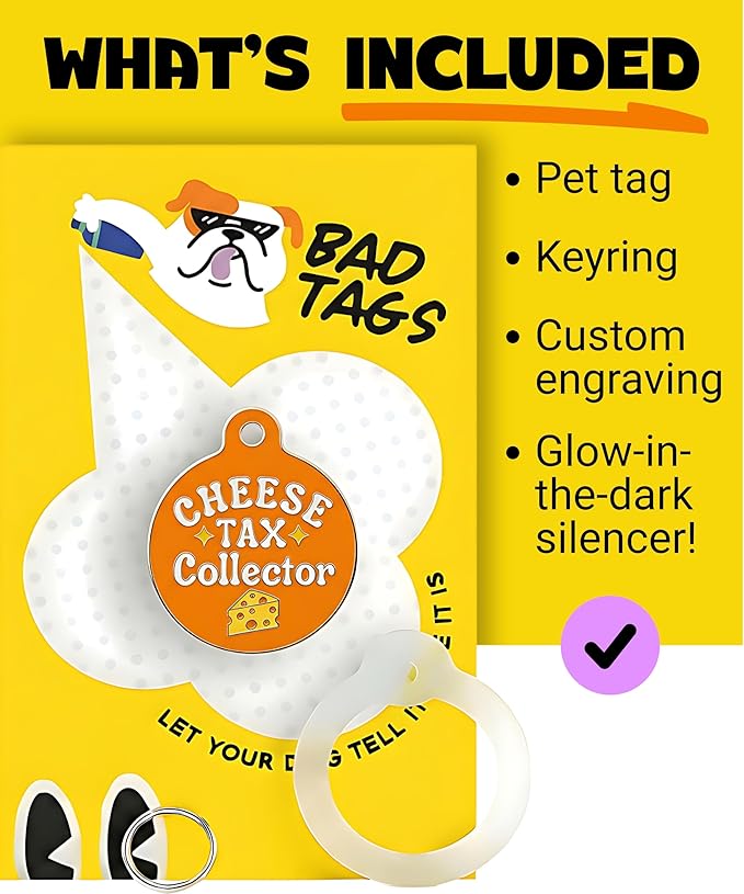 Bad Tags Personalized Dog and Cat ID Tags in 25+ Designs and 2 Sizes - 5 Lines of Custom Engraved Text - Funny Cute Personalized Pet Tags (Cheese Tax Collector, Small (1 inch))