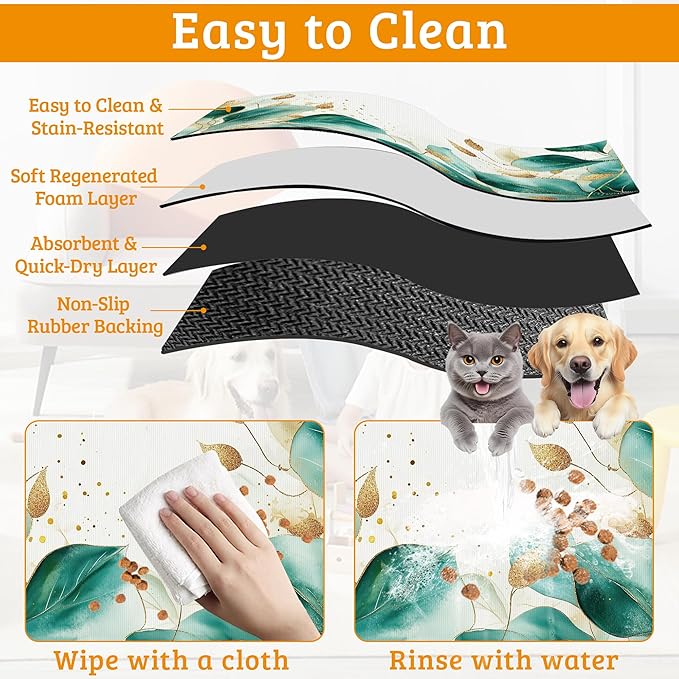 Green Plam Dog Cat Food Mat,Tropical Leaves Absorbent Waterproof Placemat for Food and Water Non Slip Rubber Backing Durable Feeding Pad for Clean Floors 16" x 24"