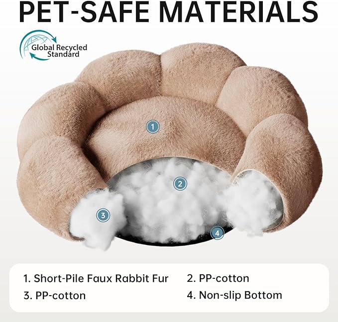OhGeni 27 inches Calming Donut Dog & Cat Bed for Medium Pets, Warming Comfort Fluffy Short Pile Fur, Durable Machine Washable, Cute Round Bed for Puppy and Kitten, Camel