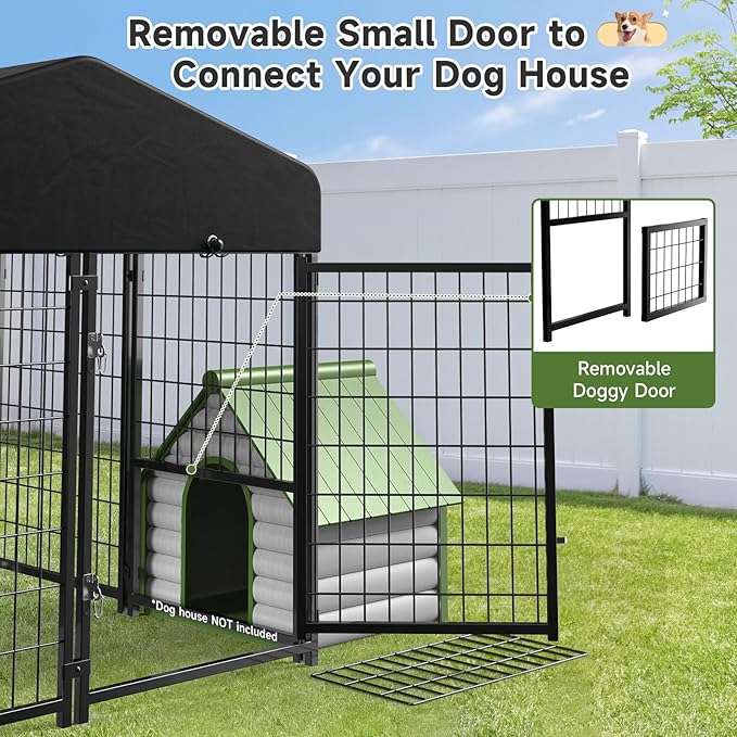2PCS Dog Kennel Outdoor, Outside Dog Kennel with Roof & Removable Doggy Door Allow Connecting Your Dog House, Square Pet Enclosure Dog Run Yard for Medium/Small Dogs(4'Lx4'Wx4.6'H)