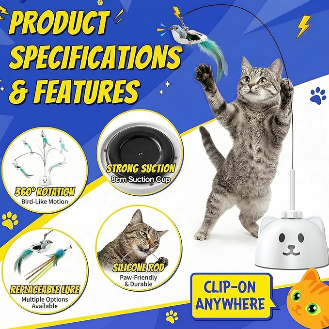 Interactive Cat Toys for Indoor Cats - Automatic Flying Bird Feather Toy, USB Rechargeable Electric Cat Teaser with Strong Sticky Base, Smart Motion Activated Self-Play Enrichment Toy for Bored Cats
