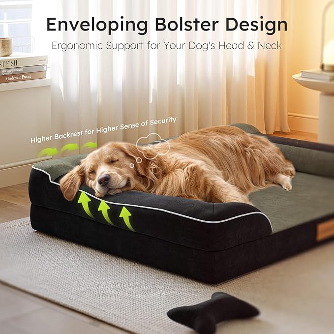 Extra Large Dog Bed, Orthopedic Dog Bed with Cooling Gel Memory Foam, Waterproof XL Pet Bed with Removable Washable Cover, 42" Pet Sofa Couch Dutch Velvet with Bone Toy, Black