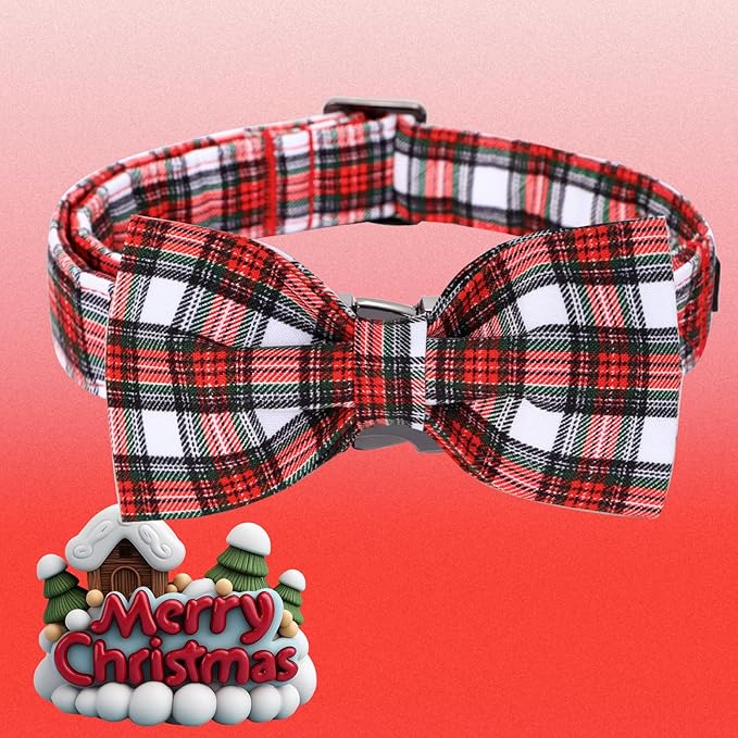 Christmas Dog Collar, Red Plaid Cotton Collars with Bow Adjustable Pet Collar Premium Metal Buckle, Christmas Puppy Necklace for Medium Girl and Boy Dogs