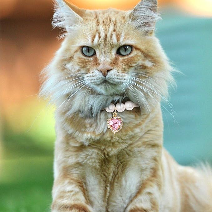 2pcs Cat Pearl Collar with Heart Pendant, Cute Pearl Pet Necklace in Small, Adjustable Wedding Party Small Dog Jewelry Accessories for Puppy Kitten- Pink & Red