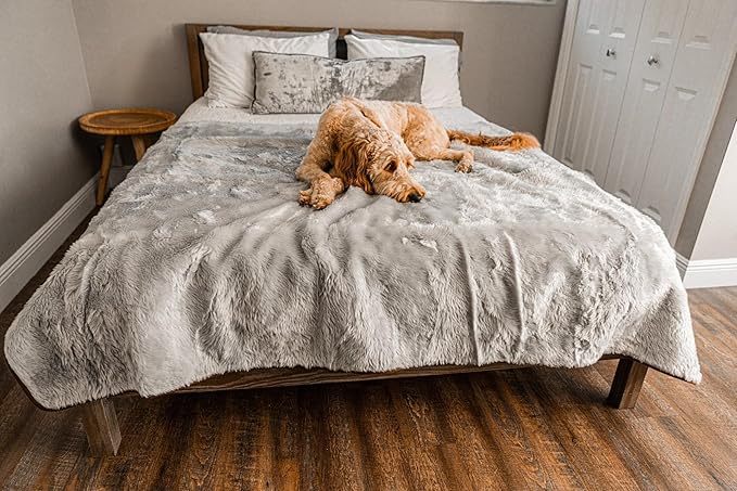 PupProtector Waterproof Throw Blanket for Dogs and Cats, Pet Blanket Cover for Couches, Sofas, Beds, Car Seats, Furniture, Calming Soft Faux Fur, Short Grey, Large (80" L x 62" W)
