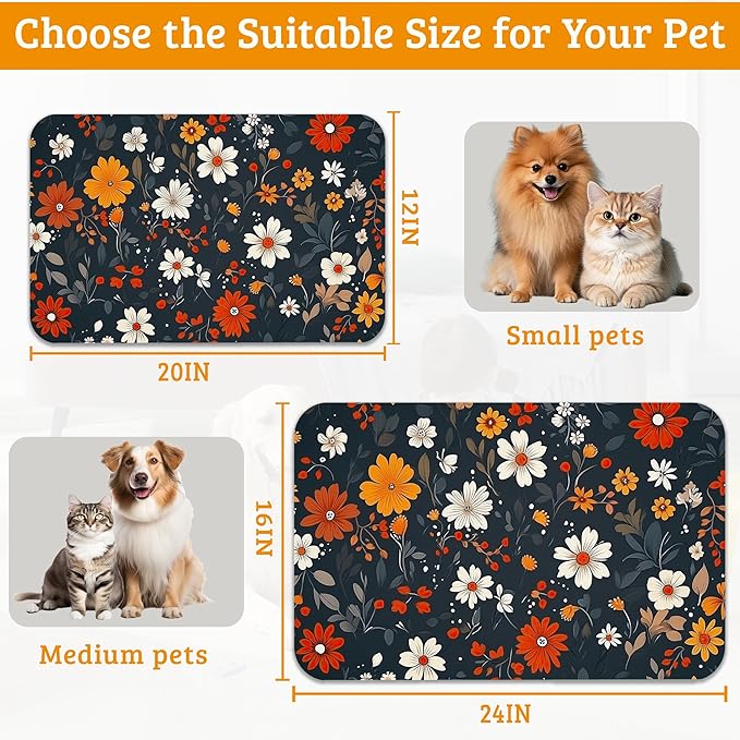 Floral Black Feeding Mat, Absorbent Quick-Dry Cat Dog Food and Water Bowl Mats,Non-Slip Rubber Backing Mat,Cat Dog Accessories Supplies 12" x 20"