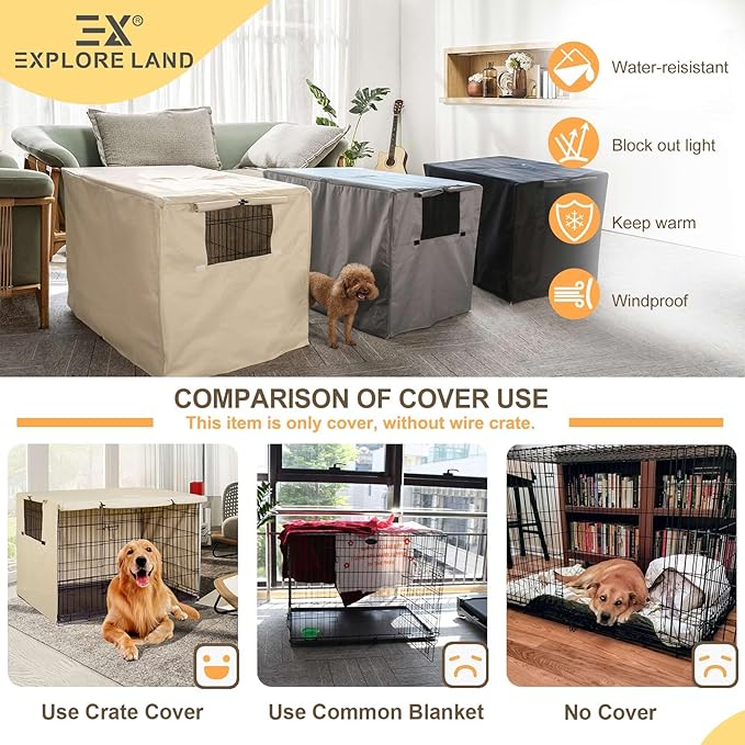 Explore Land 30 inches Dog Crate Cover Heavy Duty Polyester Pet Kennel Sunshade Universal Fit for Wire Cage (Light Tan)
