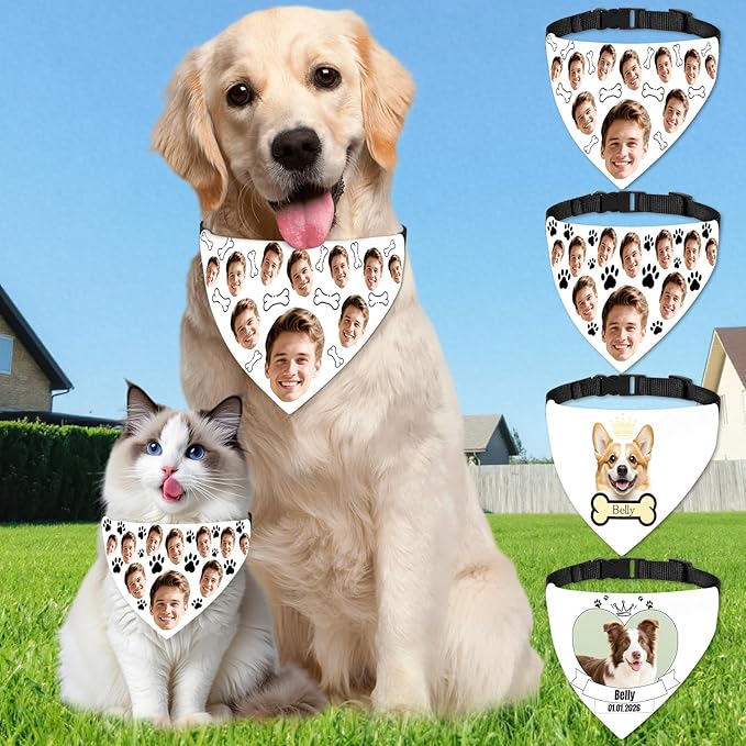 Funny Personalized Dog Bandana Custom Face Design, Custom Dog Bandana with Name, Pet Scarf for Small Medium Large Dogs Personalized Pet Accessories (Funny Style, Large)