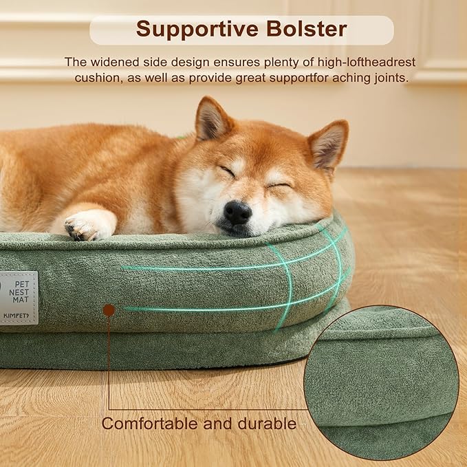 Orthopedic Dog Bed for Medium Dog, Washable with Removable Cover&Non-Slip Bottom with Four-Sided Bolster Cushions,Fluffy Bed Medium Size Green M