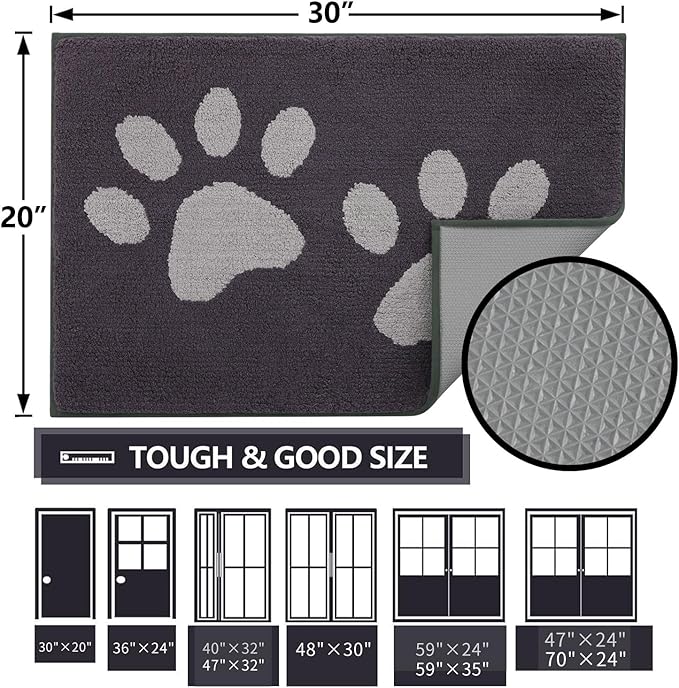 Buganda Dog Door Mat for Muddy Paws, Absorbent Dirt Trapper Washable Indoor Doormats, Non Slip Low-Profile Mud Mat for Dogs, Front Entrance Doormat for Inside Floor (59x35 Inches, Dark Grey)