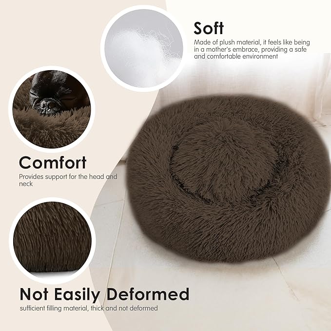 Hoewina Dog & Cat Bed, 20in Cat Beds for Indoor Cats, Calming Donut Bed for Puppy and Kitten, Washable Round Fluffy Pet Bed for Small Medium Dogs and Cats (Coffee)