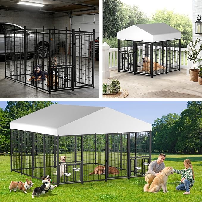 LOVMOR Outdoor Dog Kennel with Roof, Heavy Duty Steel Dog Run Enclosure for Small Dogs, Waterproof Canopy, Double Latch Door, Adjustable Feeding Bowls, Pet Pen for Yard and Patio, 4’L x 4’W x 4.25’H