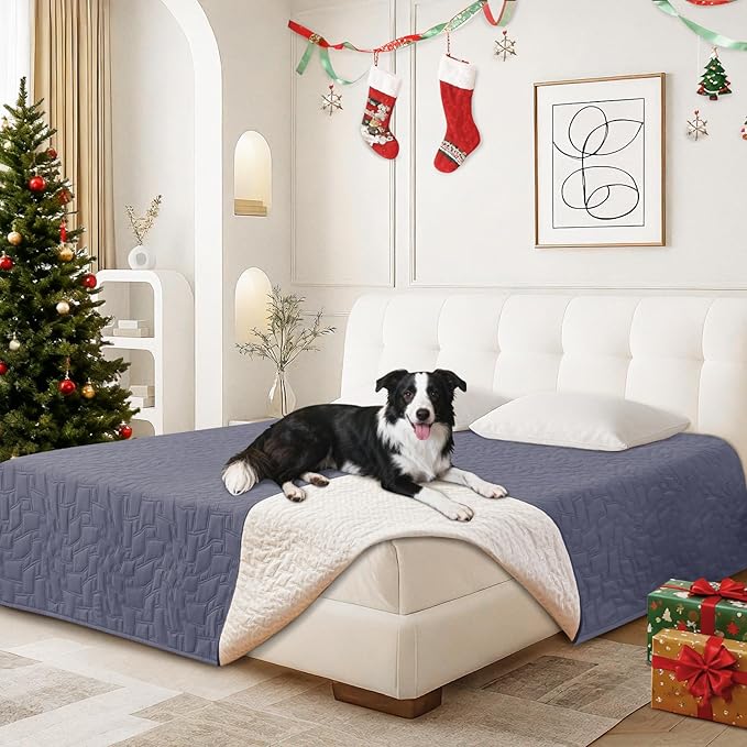 Waterproof Dog Blanket, Non-Slip Soft Pet Bed Cover, Couch Cover for Dogs Washable, Protects Sofa, Furniture, Crate, Car, Tear Resistant Leakproof Pet Blanket (82x82 Inch, Grey Blue)