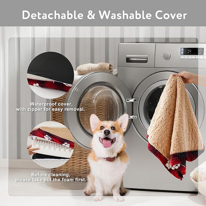 Waterproof Orthopedic Dog Bed for Large Medium Sized Dogs 35x22 Inch - Egg Crate Foam Pet Crate Bed with Removable Washable Cover, Plush Top Anti-Slip Bed Mat, Christmas Red