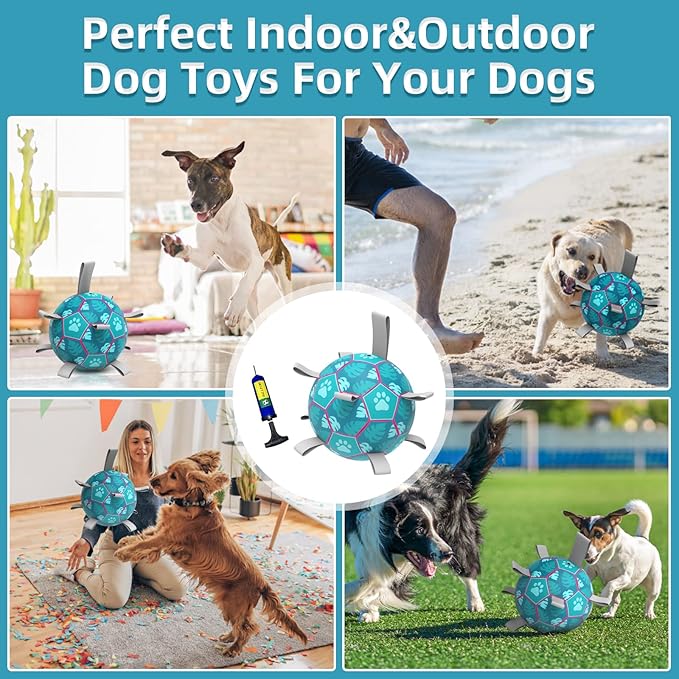 QDAN Dog Toys Soccer Ball, Tug of War Toy, Puppy Birthday Gifts, Water Toy, Durable Dog Balls for Medium Large Dogs, Lake Blue(8 inch)