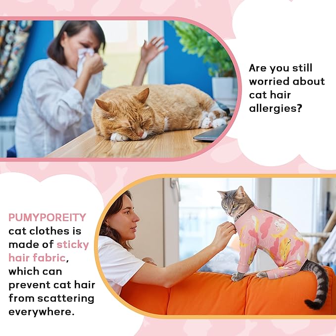 PUMYPOREITY Cat Hair Sticky Shirt – Breathable & Lightweight, Reduces Shedding Fur Pajamas, Prevents Licking Wounds After Surgery, Cat Sweaters - Soft & Machine Washable, Pink, M
