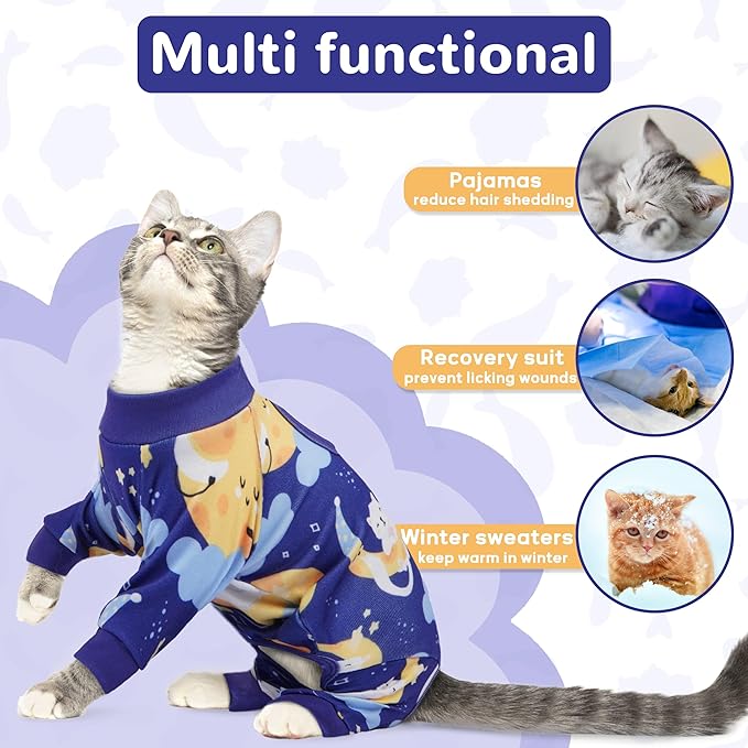 PUMYPOREITY Cat Hair Sticky Sweater, Stretchy 4-Leg Design for Fur Control, Recovery Suit - Breathable & Lightweight for Post-Surgery Protection, Cat Onsie Prevents Licking Wounds, Blue, 2XL