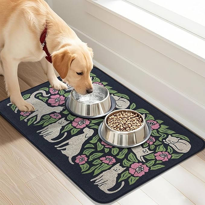 SHIYUE Dog Food Mats for Floors, Absorbent Cat Bowl for Food and Water, Non-Slip Accessories Pet Supplies(16"x24",Black Animal Flower)