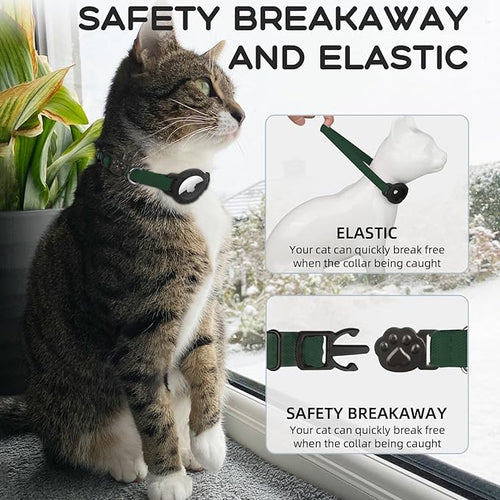AirTag Cat Collars, Stretchy Collar with Apple AirTag Holder and Bell, Breakaway Ultra Design Elastic GPS Tracking Collars for Cats and Puppies, (7.5-12.5 Inch), Forest Green