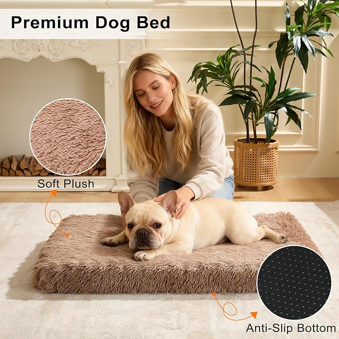 Fluffy Orthopedic Dog Beds for Medium Dogs with Washable Removable Cover Dog Crate Bed Egg Crate Foam Support Plush Pet Pad Mat with Anti-Slip Bottom(36 * 24,Khaki)