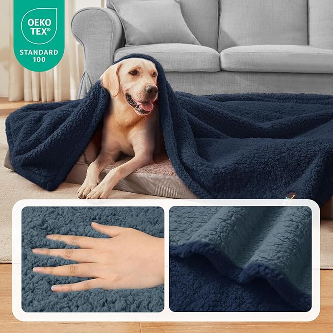Luciphia Waterproof Pet Blanket for Medium Large Dogs Soft Cat Sherpa Calming Thick Cover Leakproof Cozy Puppy Sofa Bed Car Couch Protector(Blue/Navy,80x63 inches)