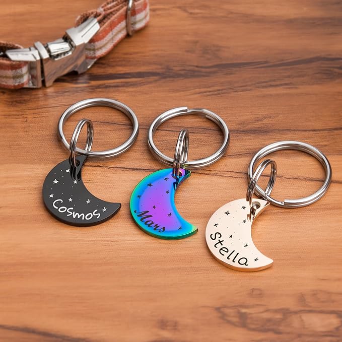 Anavia Small Size Dog Cat ID Tags, Small/XS Personalized Color Plated Stainless Steel Puppy Kitten Name Tags, Customized Engraved Nameplate Pet Collar Tag (Black, Moon)
