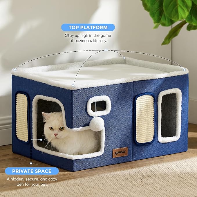 Heated Cat House for Indoor Cats - Large Cat Warming Bed for Winter with Fluffy Ball Hanging and Adjustable Heating Pad, Foldable Cat Hideaway,23x16.5x13 inches, Navy Blue