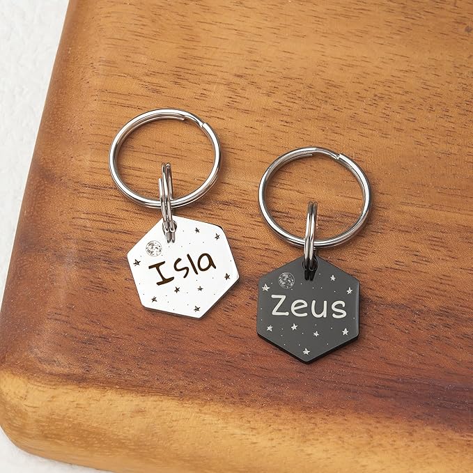 Anavia Small Size Dog Cat ID Tags, Small/XS Personalized Color Plated Stainless Steel Puppy Kitten Name Tags, Customized Engraved Nameplate Pet Collar Tag (Purple, Hexagon)