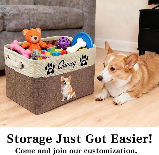 Personalized Dog Toy Storage Basket Custom Dog Name Photo Cat Pet's Gift Baskets Collapsible Organizer Box Foldable Storage Basket with Handle for Toys, Coats, Clothing, Blankets, Pink