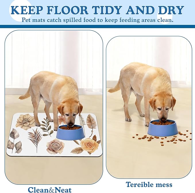 Floral Palm Leaves Dog Cat Food Mat–Christmas Stocking Absorbent Waterproof Placemat for Food and Water Bowls, Non Slip Rubber Backing, Feeding Mat for Clean Floors 16"x24"