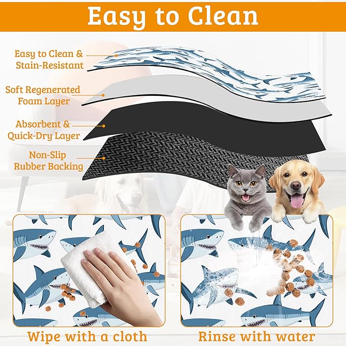 Shark Dog Food Mat,Wild Fish Absorbent Pet Feeding Mat for Food and Water Bowl,Quick Dry Dog Placemat Non Slip Rubber Backing Waterproof Pet Supplies 16" x 24"