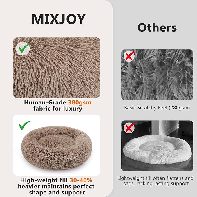 MIXJOY Calming Cat Beds for Indoor Cats, 20'' Kitten Donut Beds for Pet Up to 15lbs, Fluffy Small Cat Cuddler, Anti-Anxiety Plush Faux Fur Large Pet Bed Washable (20'', Brown)