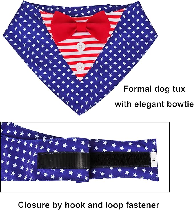 ADOGGYGO American Flag Dog Tuxedo Bandana, Red Blue Pet Tux with Bowtie Adjustable 4th of Julty Bandana Costume for Extra Large Dogs Pets (XL)