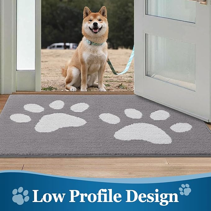 Buganda Dog Door Mat for Muddy Paws, Absorbent Dirt Trapper Washable Indoor Doormats, Non Slip Low-Profile Mud Mat for Dogs, Front Entrance Doormat for Inside Floor (40x32 Inches, Light Grey)