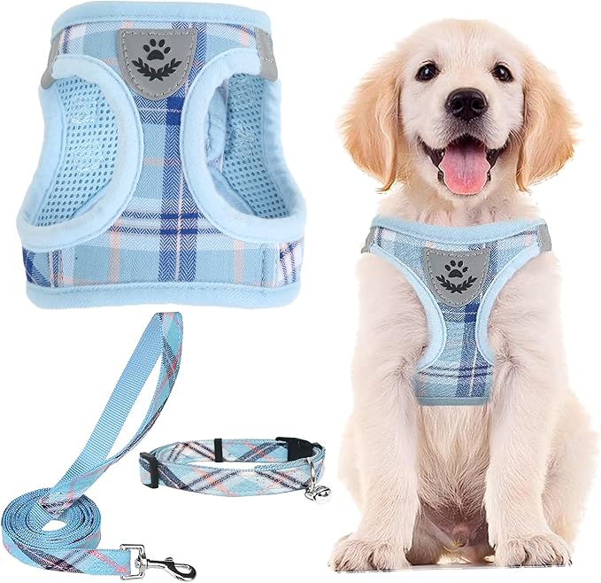 PUPTECK Adjustable Dog Harness Collar and Leash Set Step in No Pull Pet Harness for Small Medium Dogs Puppy and Cats Outdoor Walking Running, Soft Mesh Padded Reflective Vest Harnesses, Blue S