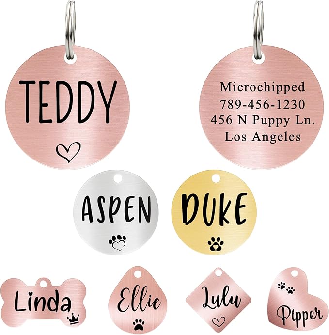 Ultra Joys Dog ID Tag, Custom Pet Tag, Personalized Dog Tags, Pet ID Tag, Brushed Stainless Steel Round Cat Tag Rose Gold Small