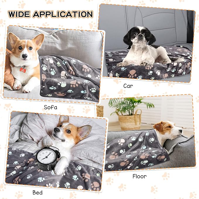 Rezutan Dog Blanket for Large Dogs, Upgraded 3 Pack Dog Cat Flannel Blankets Washable, Soft Pet Throw Cover Suitable for Kennel Crate Bed, Cute Paw Pattern, Grey, 31" x 41"