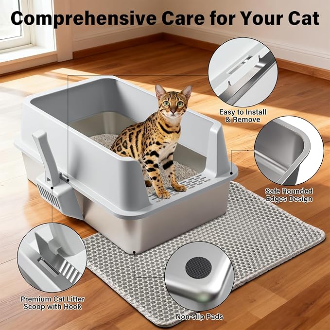 Stainless Steel Litter Box, XL Metal Litter Box with Lid, Extra Large Cat Litter Boxes for Big Cats with High Sides, Easy Cleaning, Non Stick, No Smell, Include Scoop and Mat