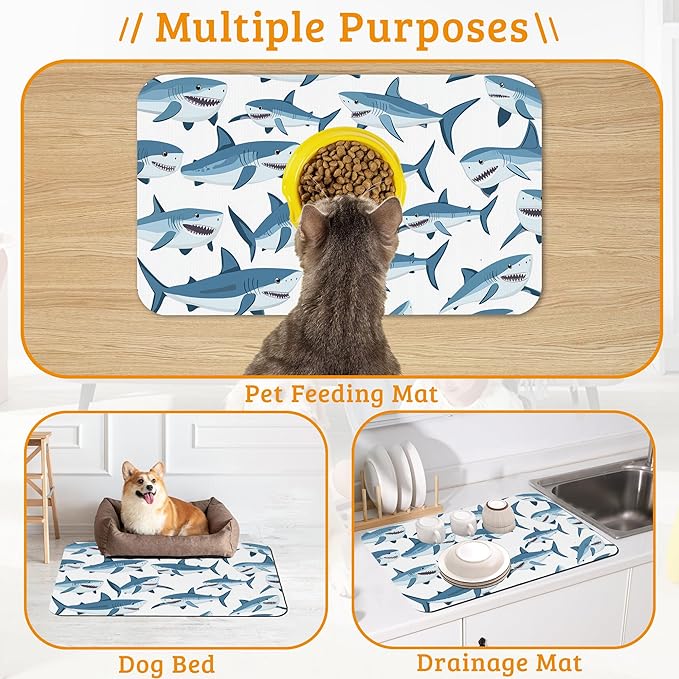 Shark Dog Food Mat,Wild Fish Absorbent Pet Feeding Mat for Food and Water Bowl,Quick Dry Dog Placemat Non Slip Rubber Backing Waterproof Pet Supplies 16" x 24"