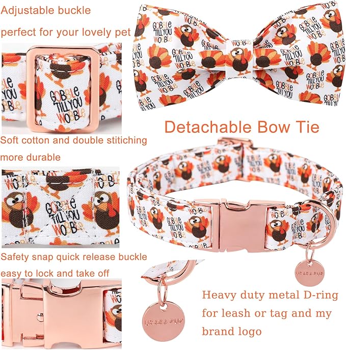 Thanksgiving Dog Collar with Bow Tie, Turkey Cotton Bowtie Collar for Puppy Girl Dog or Cat, Autumn Bow Tie Collar with Durable Metal Buckle, Turkeys Pet Collar, XS, Neck 8-12in