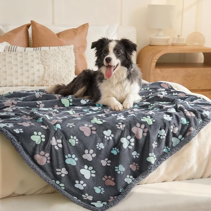 Luciphia Waterproof Pet Blankets for Couch Sofa Bed Cover Cat Liquid Pee Proof Washable Soft Fluffy Large Dog Blanket Reversible Furniture Protection Puppy Grey Paw Thicken Medium（57" x 40"）