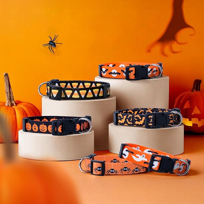 Native Pup Halloween Dog Collar- Spooky Fall Themed Horror Costume Collars- Skull, Pumpkin, Ghost, Bat, Witch, Candy Corn, Spider- Adjustable for Small, Medium, Large Breeds (Small, Spiders)