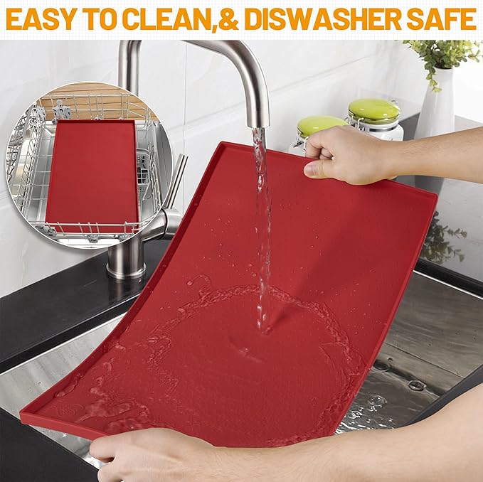 Hubulk Dog Feeding Mat,100% Waterproof Food Grade Silicone Pet Food and Water Bowl Placemat,Dishwasher, High Raised Edge to Prevent Spills,Nonslip Tray to Stop Messes on Floor (24"x16"x0.5", Red)
