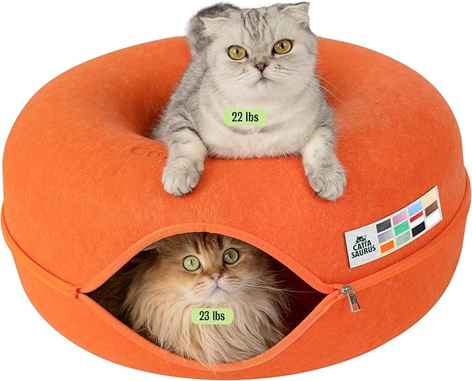 Cattasaurus Peekaboo Cat Cave Donut for Multiple & Large Cats up to 30-45 lbs, 3-in-1 Self Warming Cat Bed, Tunnel & Scratcher for Indoor Cats, Washable & Detachable Small Dog Bed (Orange, Large)