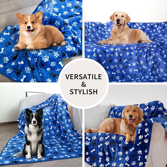 Dog Blanket Paw Bone Pattern 1 Pack 1 Super Soft Warm Flannel Sofa Cover Car Bed Protector, Urine Proof Washable Outdoor Pet Blanket for Puppy Large Dogs & Cats,80"*60" Blue