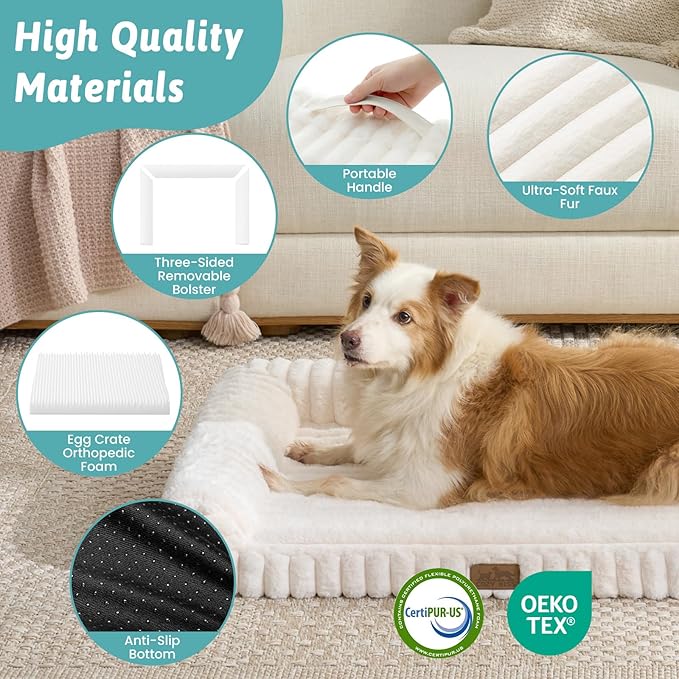 Cute Dog Bed for Small Dogs, Faux Rabbit Fur Orthopedic Foam Dog Bed with Sides, Removable Washable Cover & Waterproof Lining, Comfortable Pet Couch, Cream (30" L x 20" W x 6" Th)
