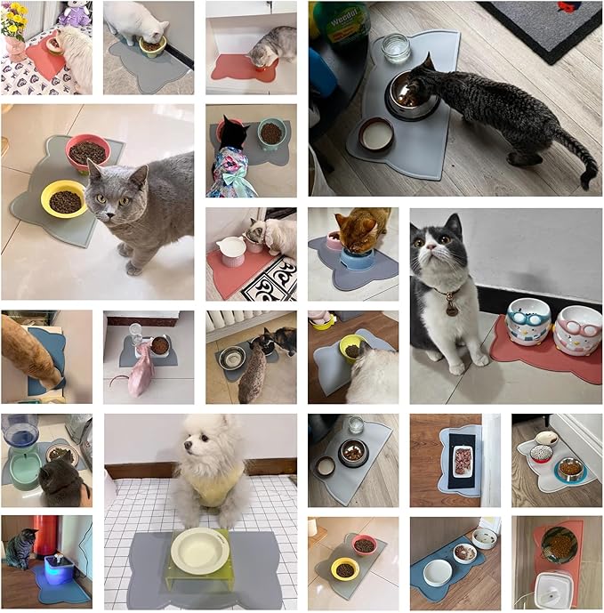 Cat Food Mat, Silicone Pet Feeding Mat for Floor Non-Slip Waterproof Dog Water Bowl Tray Cushion (17" x 10", Stone Blue)
